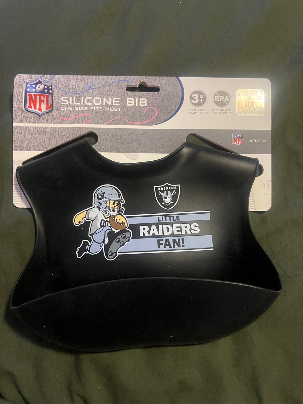 NFL Raiders Black Silicone Baby Bib with Little Raiders Graphic